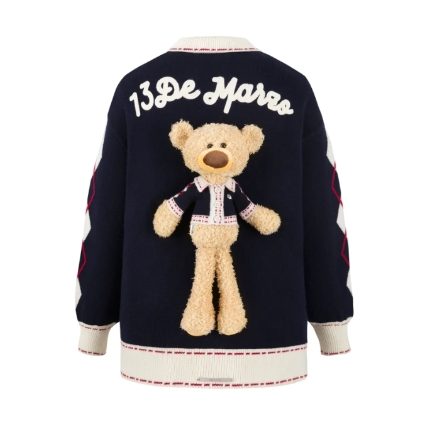 13DE MARZO Bear Lapel Nostalgic Campus Cardigan Beacon Blue 13DE MARZO Bear Lapel Nostalgic Campus Cardigan Beacon Blue