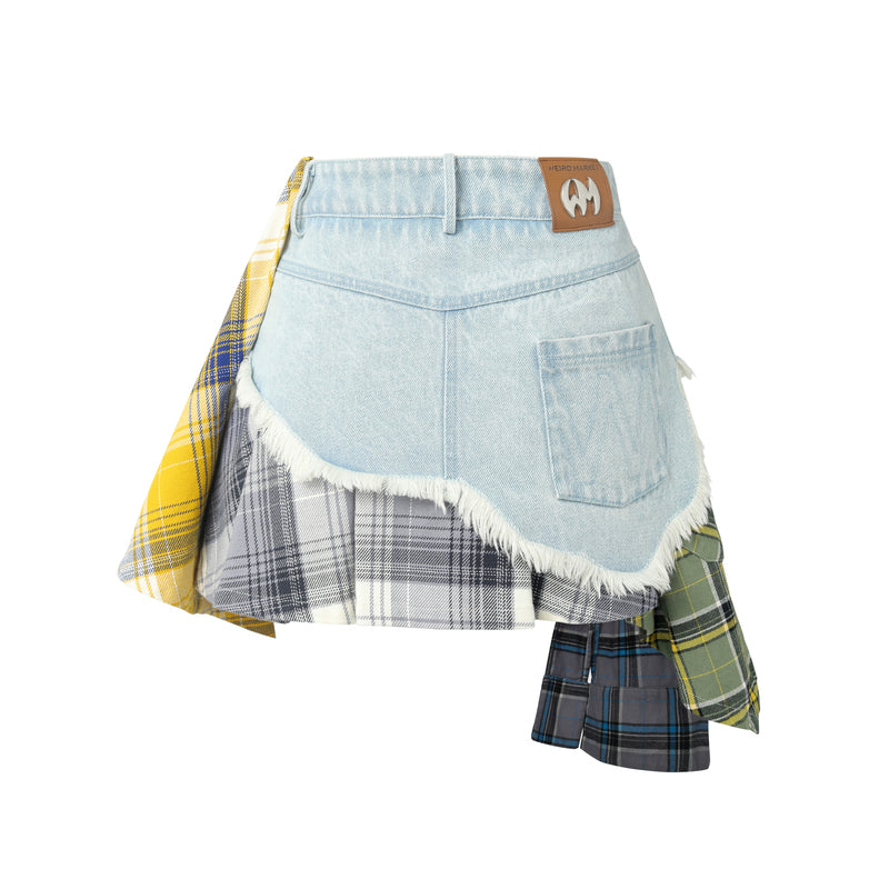 WEIRD MARKET PLAID PATCH DENIM SKIRT YELLOW
