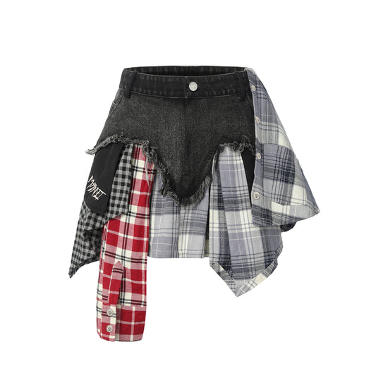 WEIRD MARKET PLAID PATCH DENIM SKIRT RED