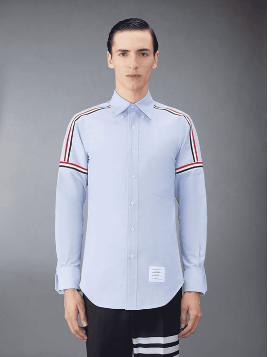 wearing Thom Browne Light Blue Oxford Elastic Shirts MWL270A-F0313-480