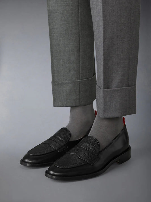 wearing Thom Browne Black Vitello Leather Varsity Penny Loafer MFL076A-05584-001