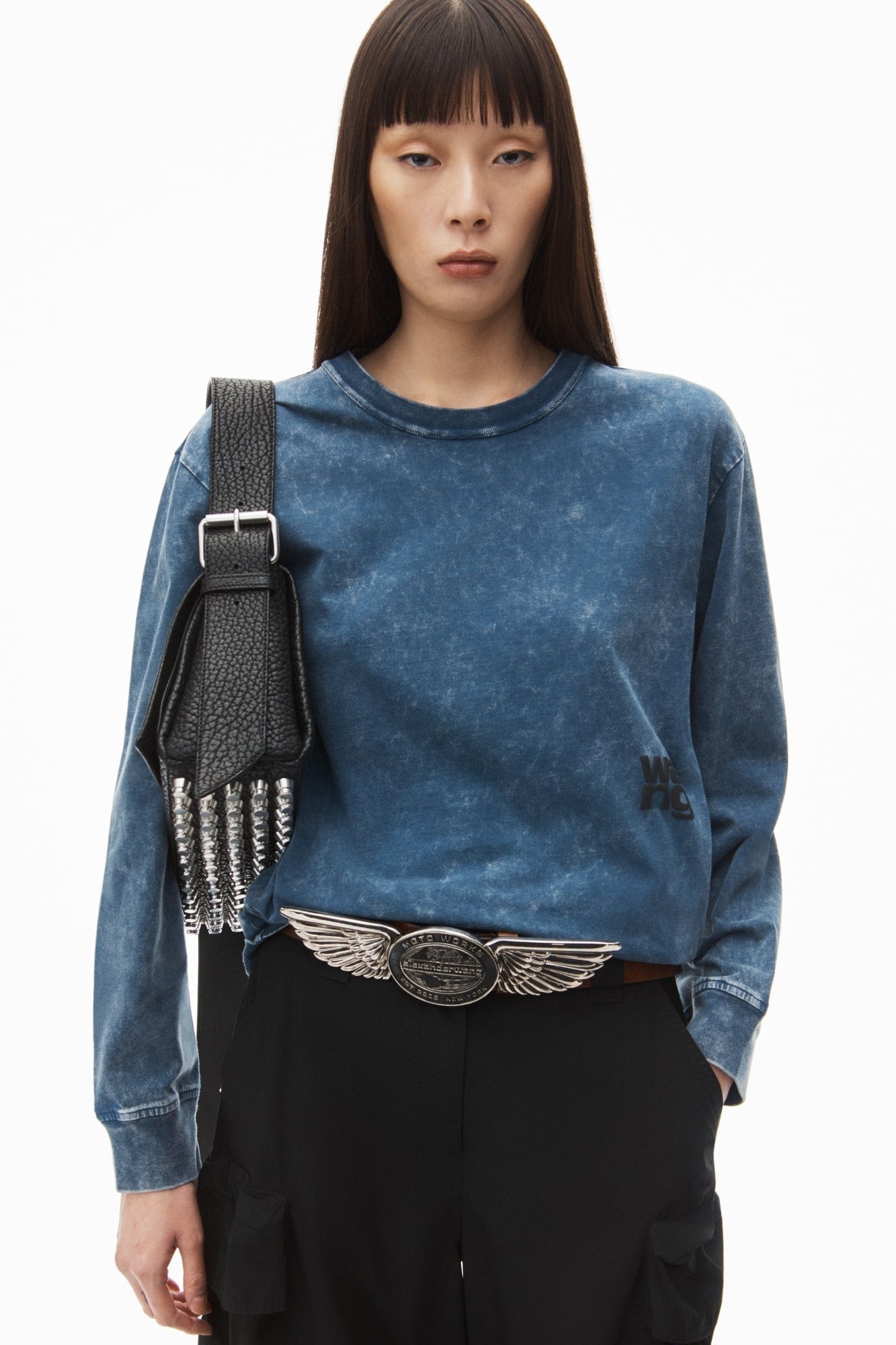 wearing Alexander Wang Essential Logo Long-Sleeve Shirt 4CC3241519424A