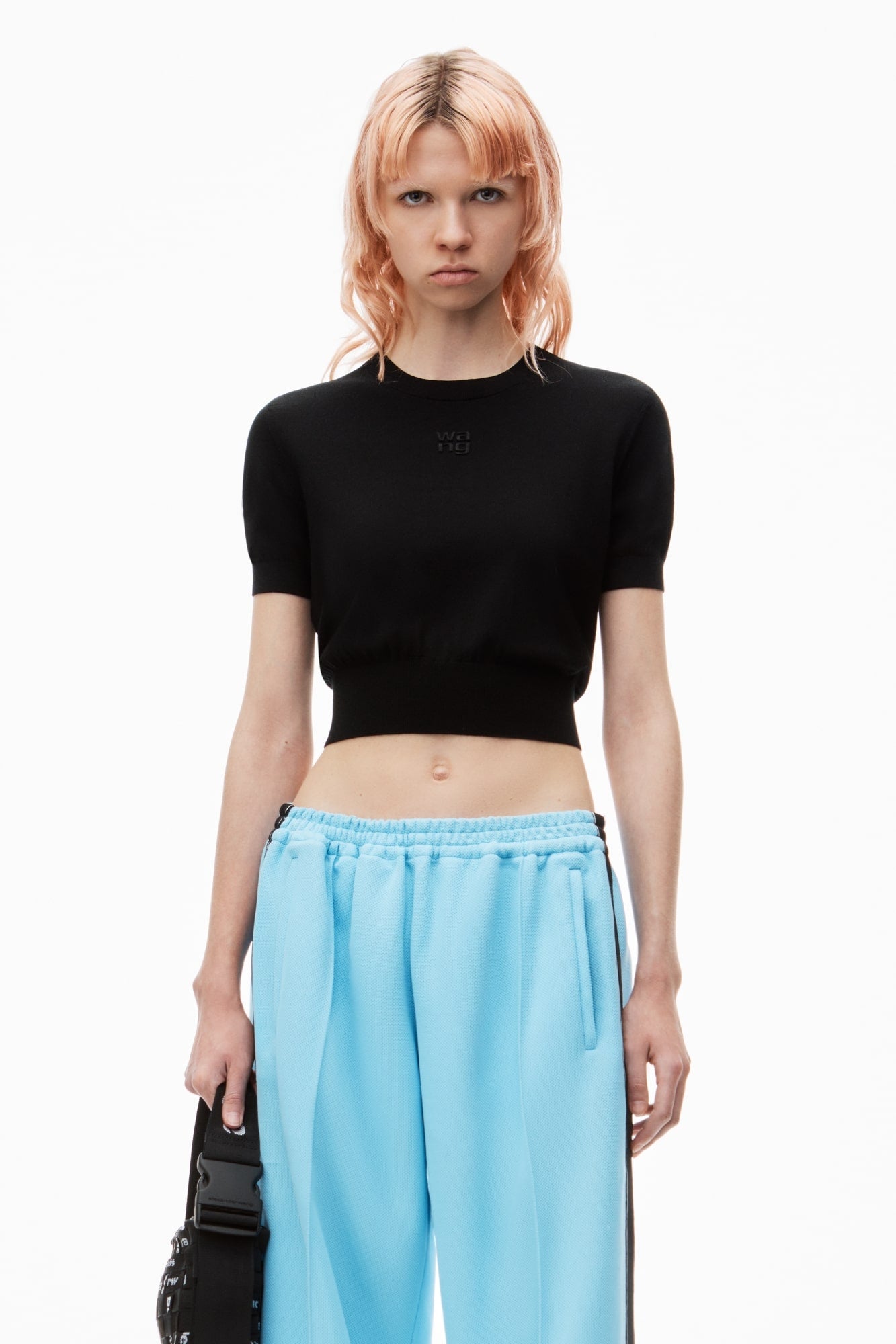 wearing Alexander Wang Logo-Embossed Black Superfine Merino Wool Tee 4KC3241037001