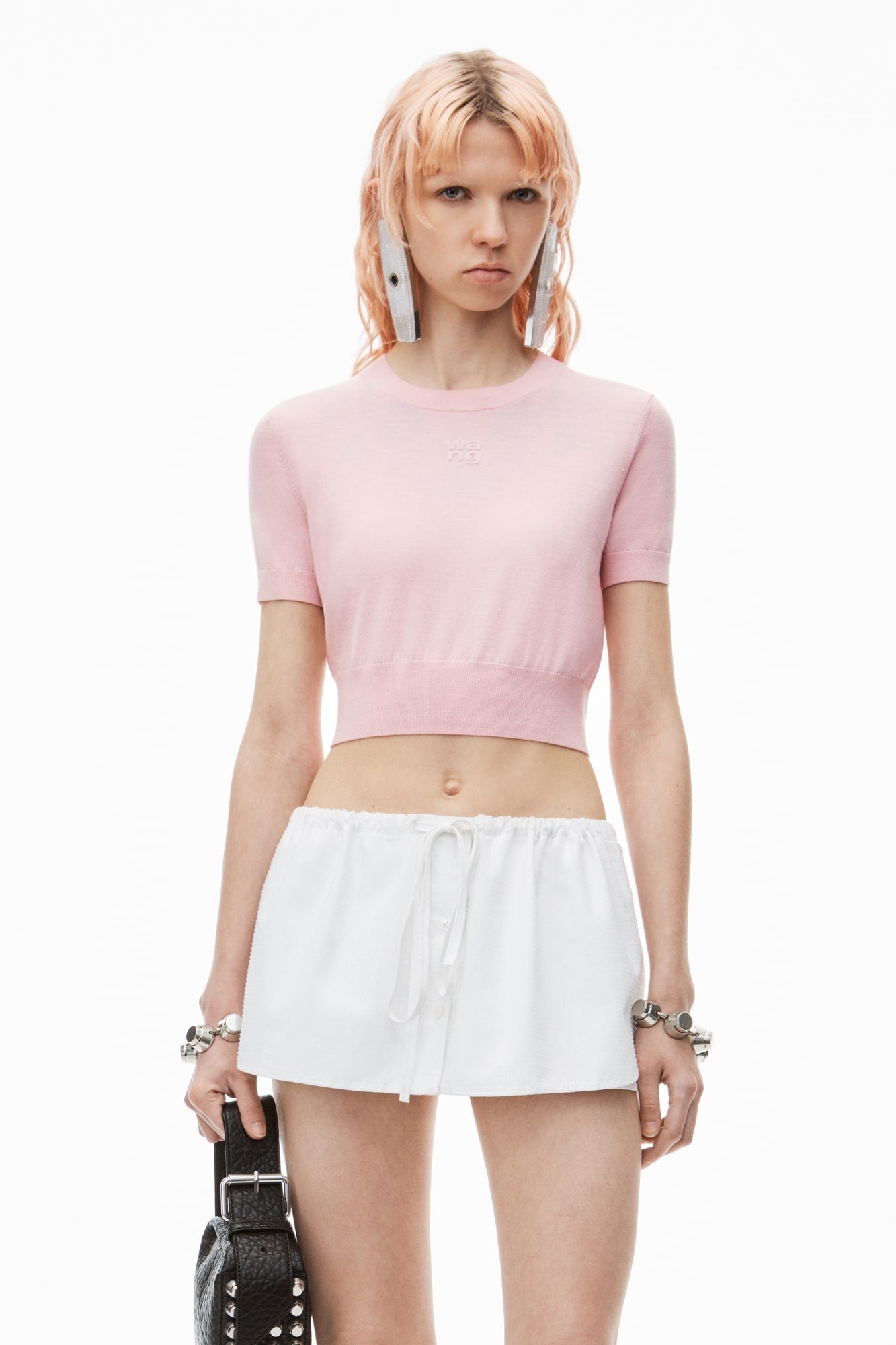 wearing Alexander Wang Logo-Embossed Pink Superfine Merino Wool Tee 4KC3241037690B