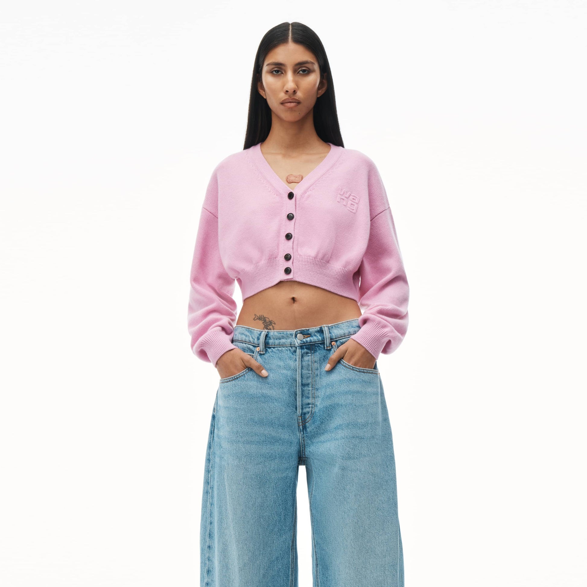 wearing Alexander Wang Pink Lavender Cropped V‑Neck Cardigan 4KC2243005697A