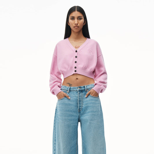 wearing Alexander Wang Pink Lavender Cropped V‑Neck Cardigan 4KC2243005697A
