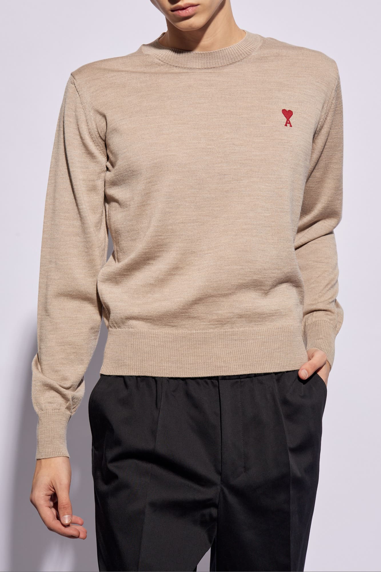 wearing Ami de Coeur Small Logo Beige Sweater HKS111.KN0025.271