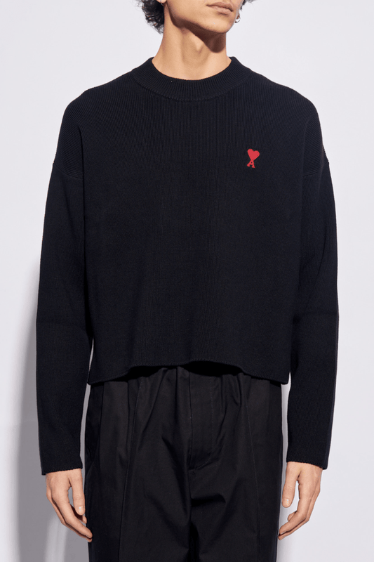 wearing Ami De Coeur Black Organic Cotton Small Logo Sweater UKS046.KN0042.001