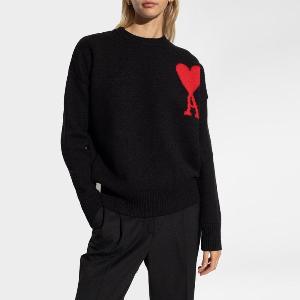nữ mặc áo Ami de Coeur Crewneck Large Logo Black Sweater BFUKS002.018 009