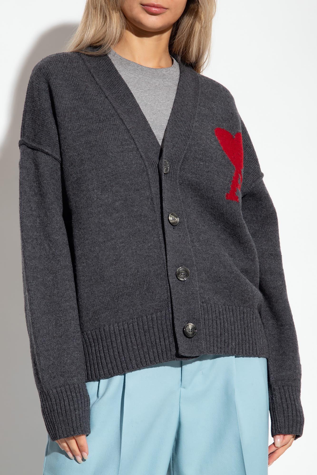 wearing Ami De Coeur Dark Grey Virgin Wool Cardigan BFUKC006.018 084