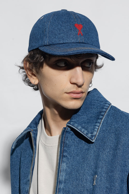 wearing Ami De Coeur Embroidery Denim Blue Cap UCP006.DE0025 480