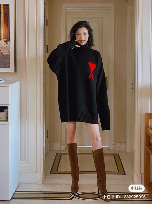 wearing Ami de Coeur Funnel Black Large Logo Sweater BFUKS402.018009