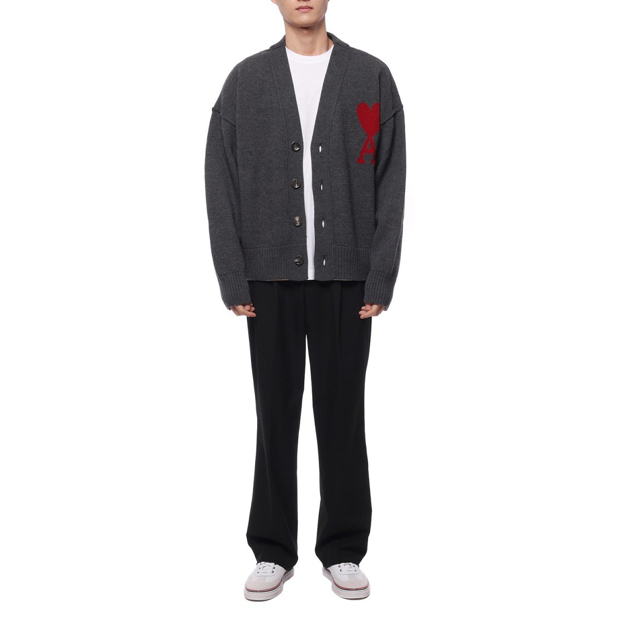 nam mặc áo Ami Paris Ami De Coeur Heather Grey Cardigan BFUKC006.018 084