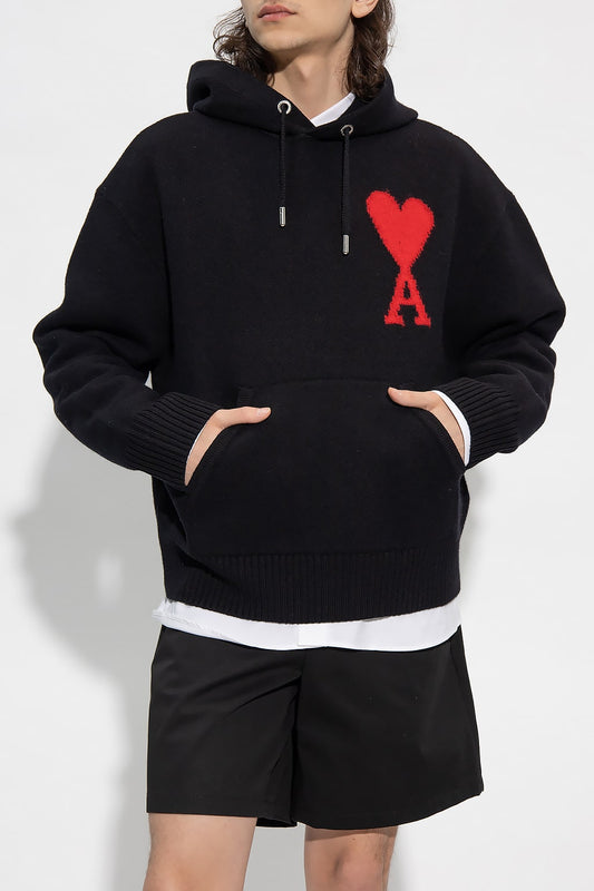 wearing Ami De Coeur Large Logo Black Hoodie UKS802.KN0018 009