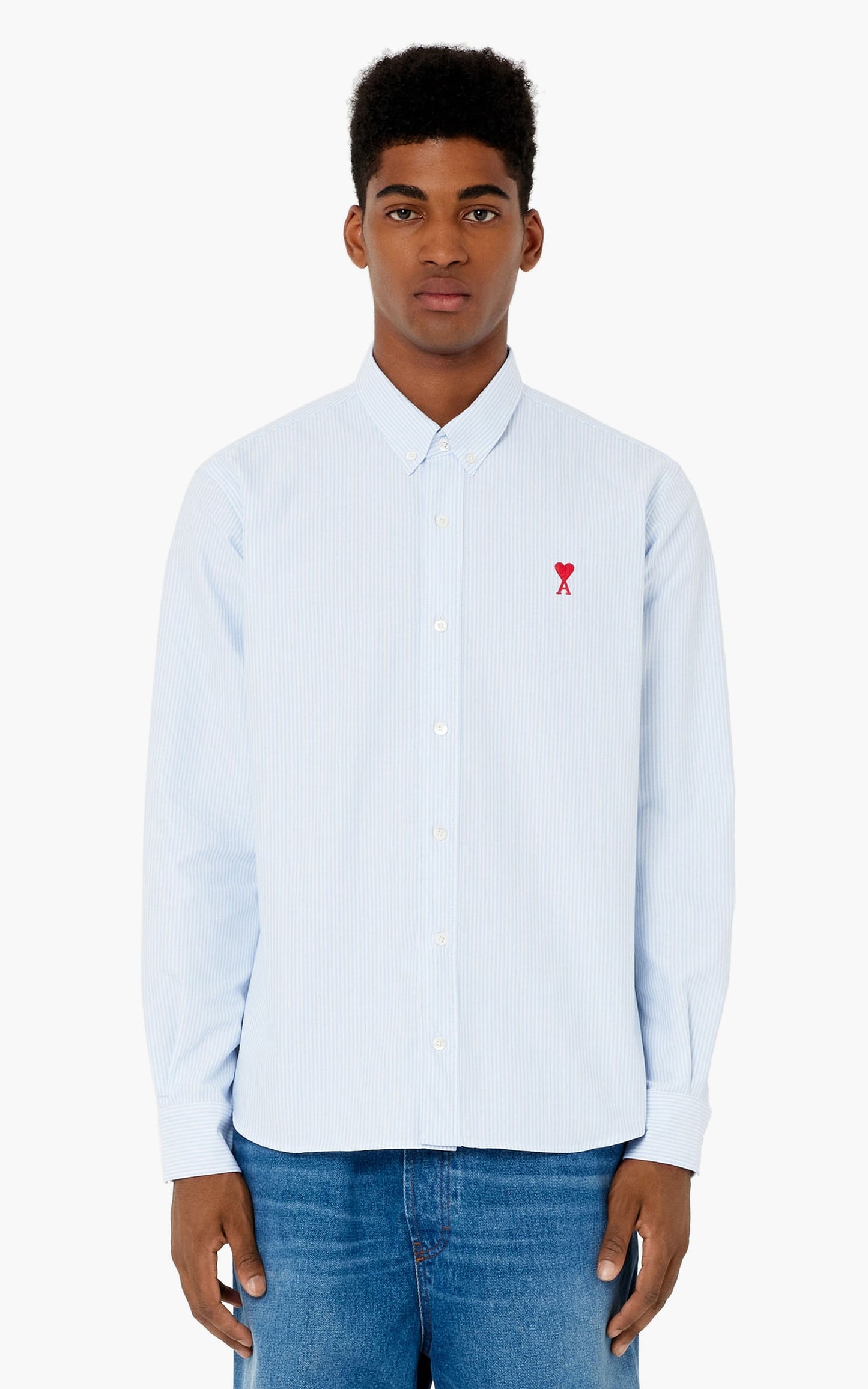 wearing Ami de Coeur Logo Stripe Blue Shirt BFHSH113.CO0021 475