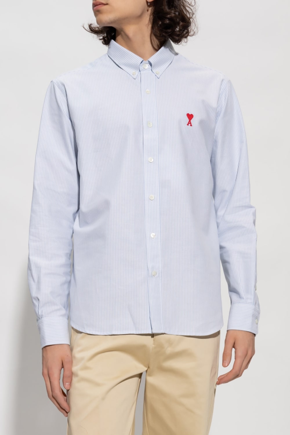nam mặc áo Ami de Coeur Logo Stripe Blue Shirt BFHSH113.CO0021 475