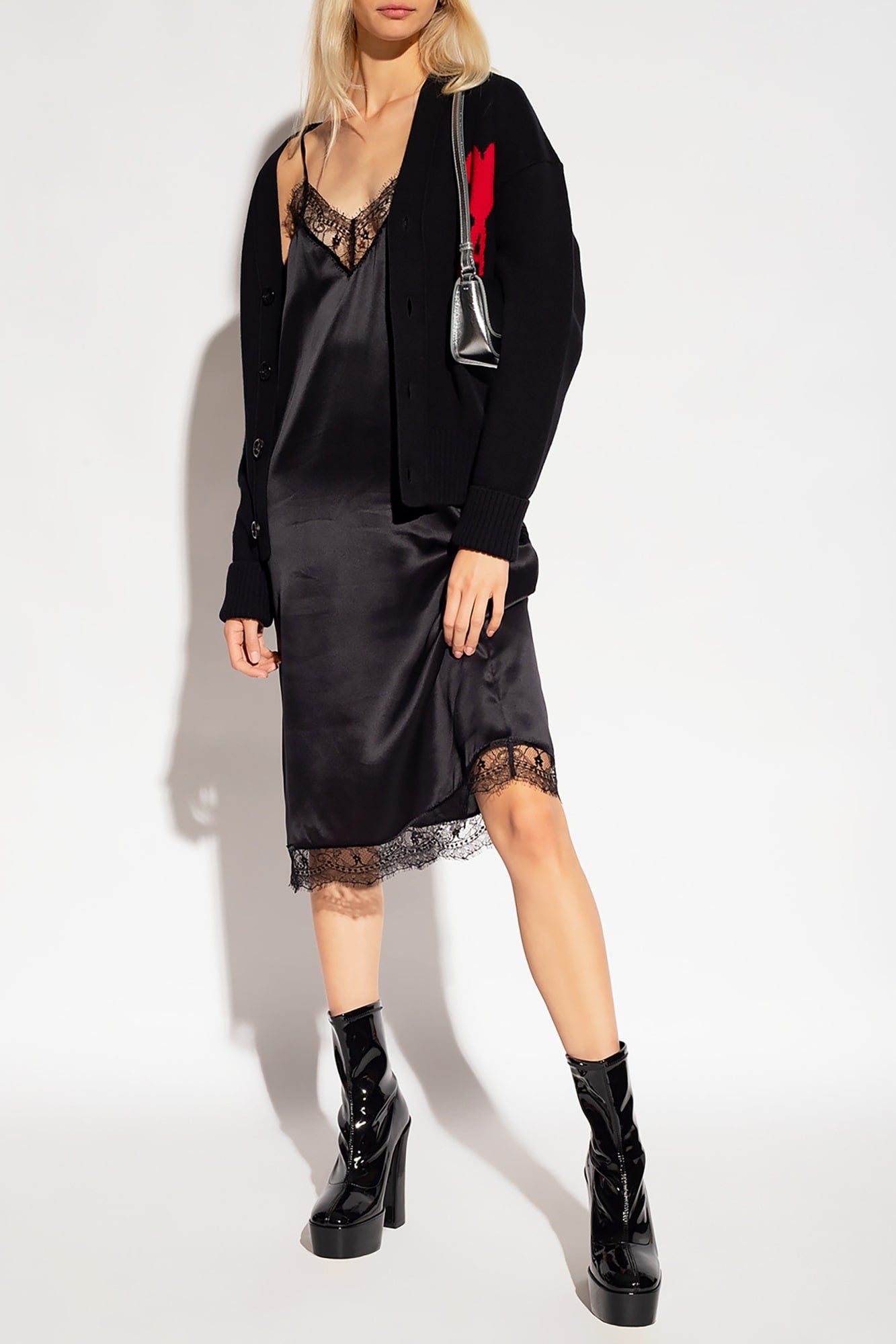 nữ mặc áo Ami De Coeur Black Merino Wool Cardigan BFUKC002.018 009
