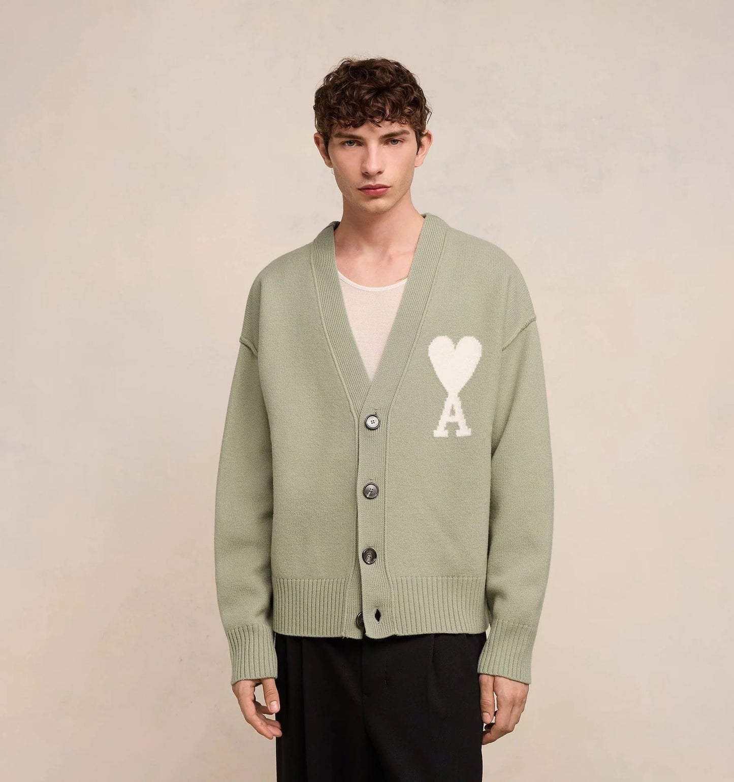 wearing Ami De Coeur Sauge Green Wool Cardigan UKC006.018 319