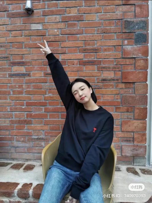 wearing Ami De Coeur Small Logo Black Knit Sweater BFHKS111.KIN0025.001