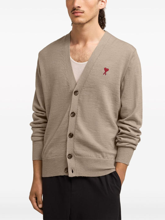wearing Ami Paris Small Ami De Coeur Light Beige Cardigan HKC111.KN0025 265