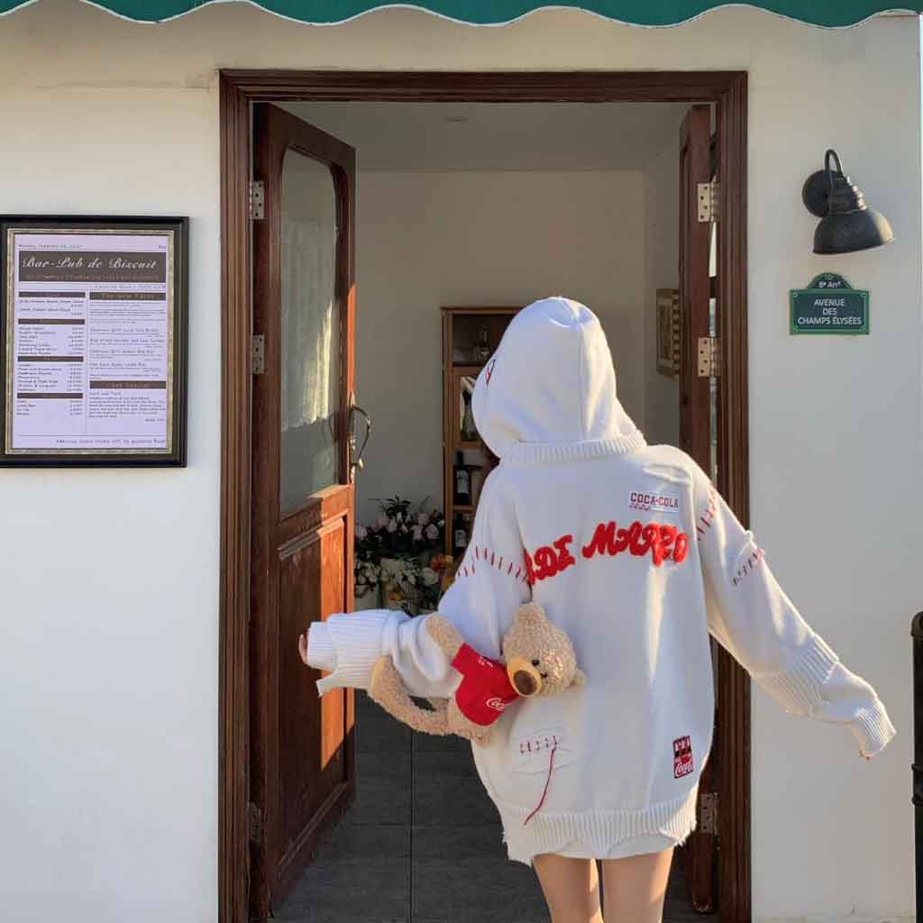 áo khoác 13de marzo x coca-cola bear destroyed knit hoodie white blank room hà nội