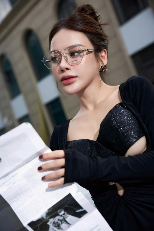 wearing Balenciaga BB0117O 001 Grey Eyeglasses