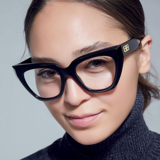 Close-up of a person wearing Balenciaga BB0238O-001 Butterfly Eyeglasses with a neutral background
