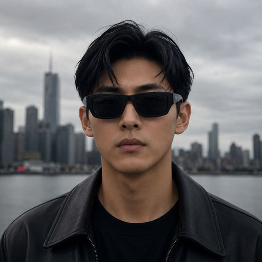 A man wearing Balenciaga BB0366S Black Square Sunglasses and a black leather jacket stands in front of a blurred city skyline over water under a cloudy sky.