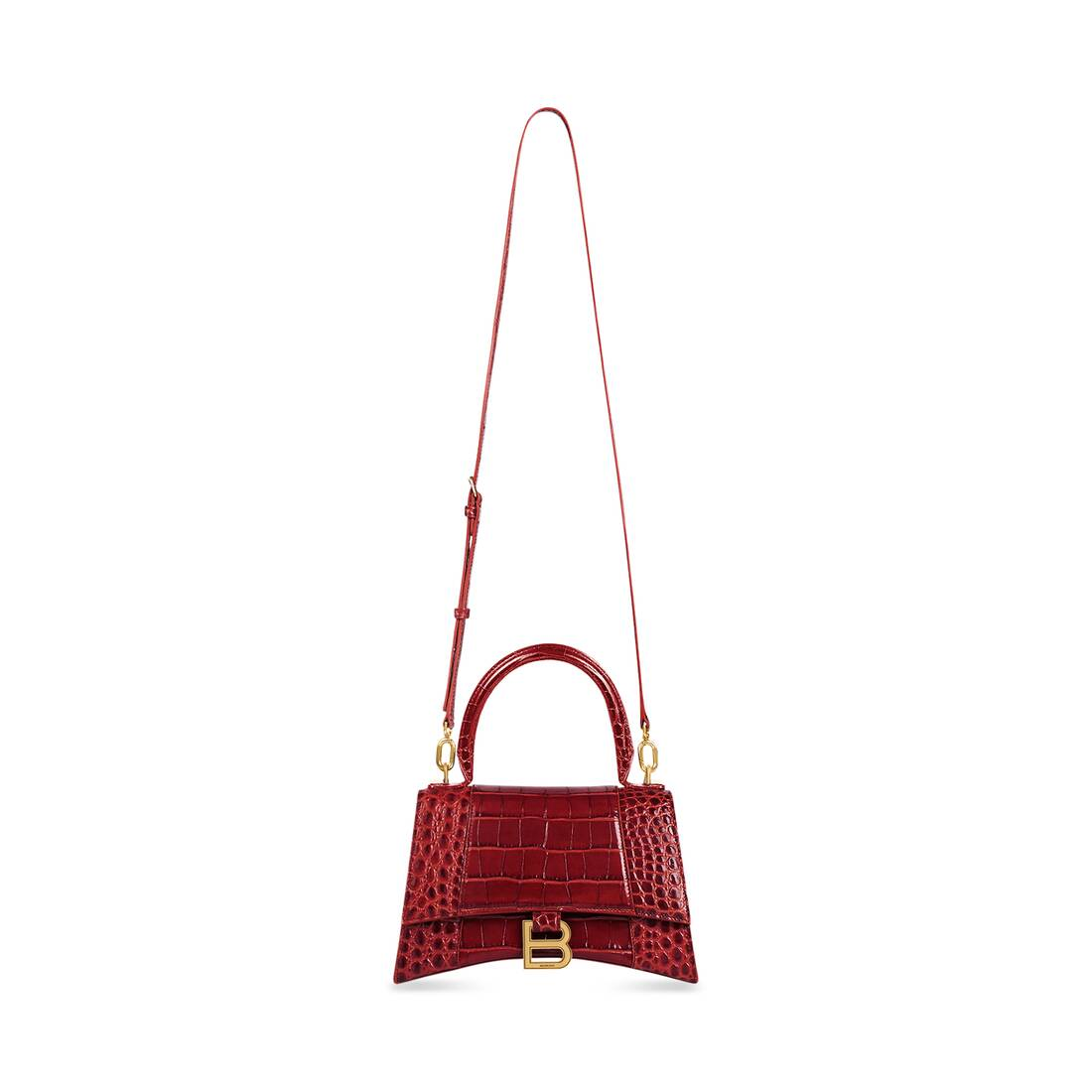 tổng thể túi BALENCIAGA HOURGLASS SMALL HANDBAG CROCODILE EMBOSSED IN DARK RED 5935461LRGM6211
