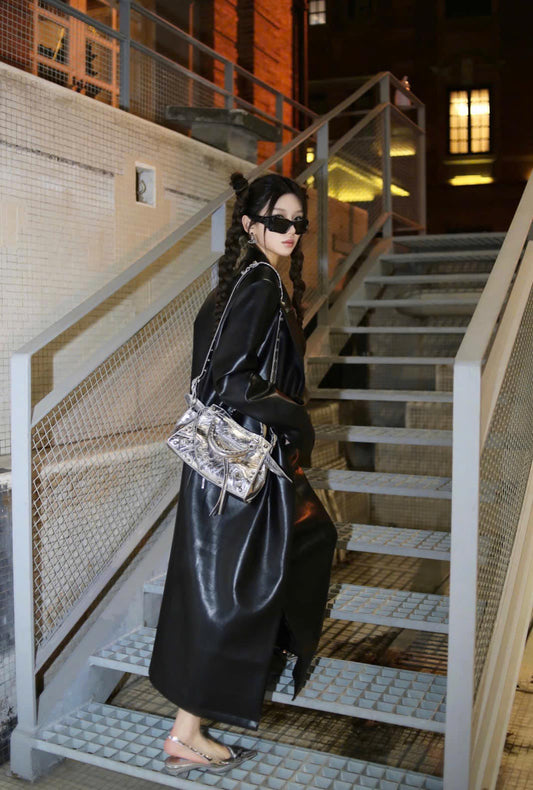 wearing BALENCIAGA LE CITY SMALL BAG METALLIZED SILVER 7977892AA9R8122