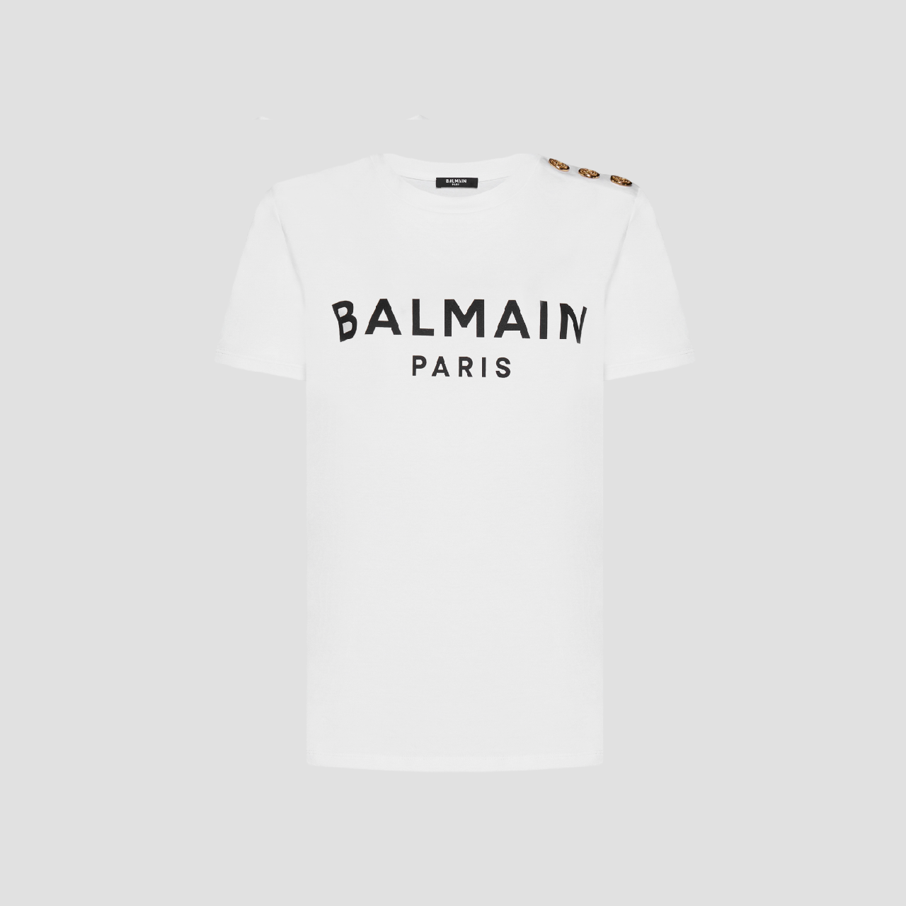 BALMAIN GOLD BUTTON SHOULDER T-SHIRT IN WHITE AF1EF005BB02 GAB