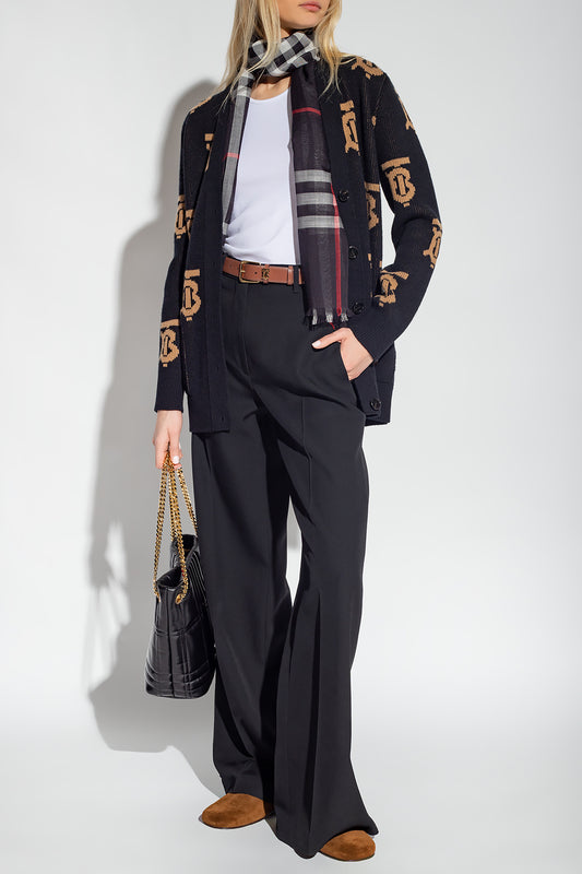 wearing BURBERRY BLACK MONOGRAM WOOL CARDIGAN 8063209
