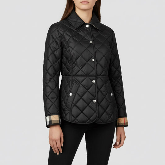 Burberry Cawthorne Quilted Jacket Black 81114591 with plaid cuffs on a gray background