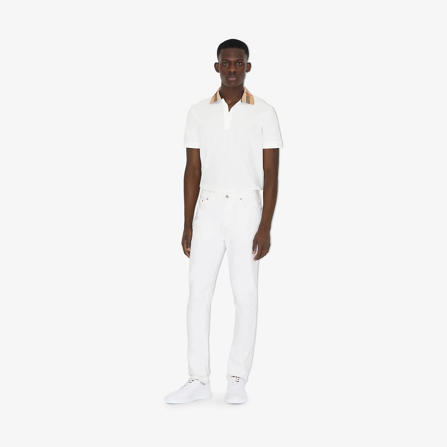 wearing Burberry Check Collar Cotton Polo Shirt In White 80716211