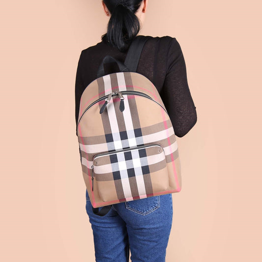 wearing Burberry Jeff Canvas Backpack Brown 80845501