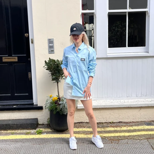 wearing Burberry Logo Detail Stretch Cotton Poplin Shirts In Pale Blue 80218461