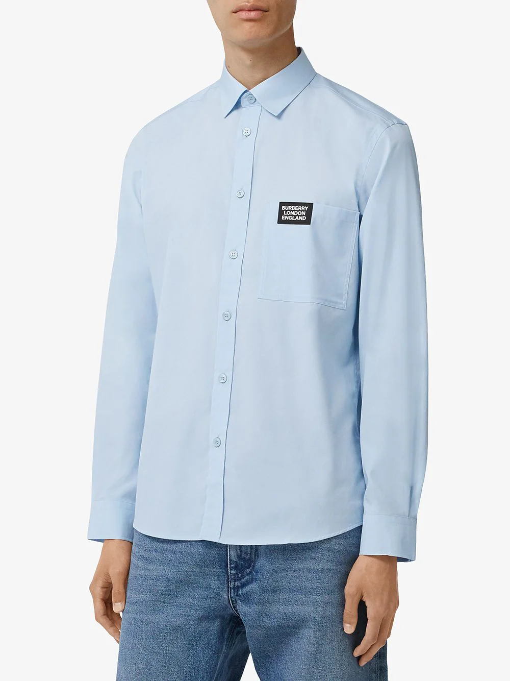 mẫu mặc áo Burberry Logo Detail Stretch Cotton Poplin Shirts In Pale Blue 80218461