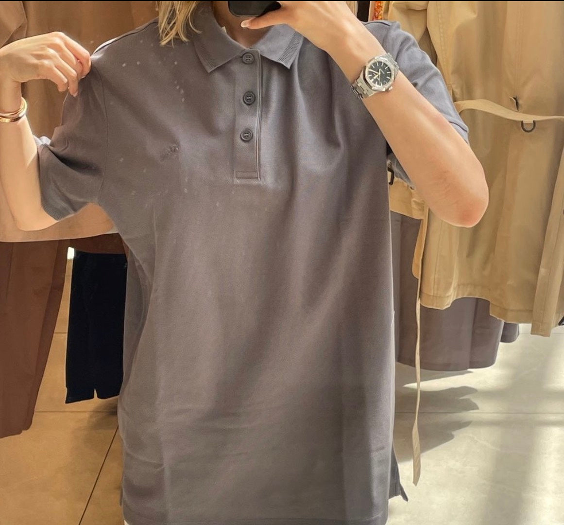 wearing BURBERRY LOGO-EMBOIRDERED EQUESTRIAN KNIGHT POLO IN GREY 8078091