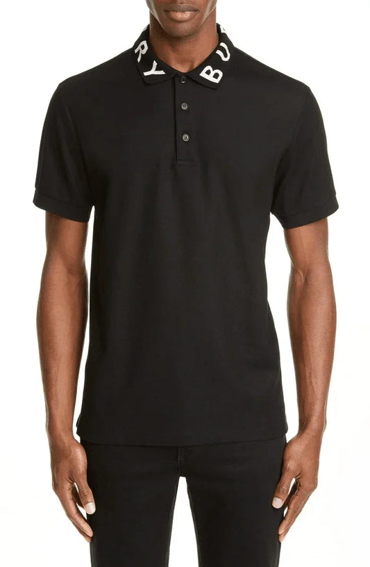 wearing BURBERRY LOGO INTARSIA COTTON PIQUÉ POLO SHIRT IN BLACK 80675361