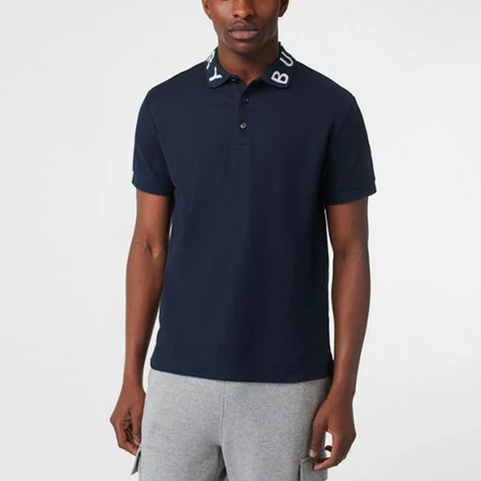 wearing Burberry Logo Intarsia Cotton Piqué Polo Shirt In Navy 8067538