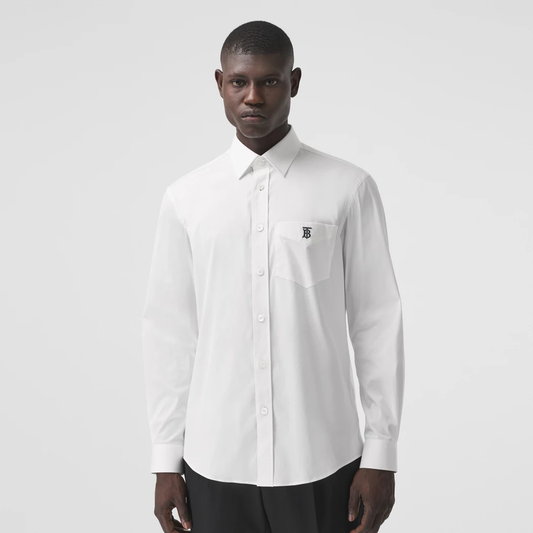 wearing Burberry Logo TB Cotton Long Sleeve Shirt In White 80430601