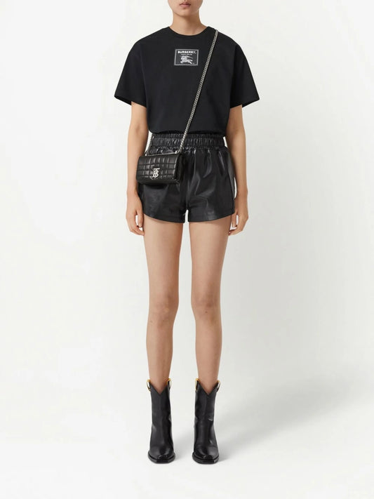 wearing BURBERRY MINI LOLA QUILTED LEATHER BAG IN BLACK WITH SILVER HARDWARE 80648501