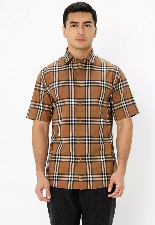 wearing Burberry Shefford Short-sleeve Shirt In Taupe Brown 8084690