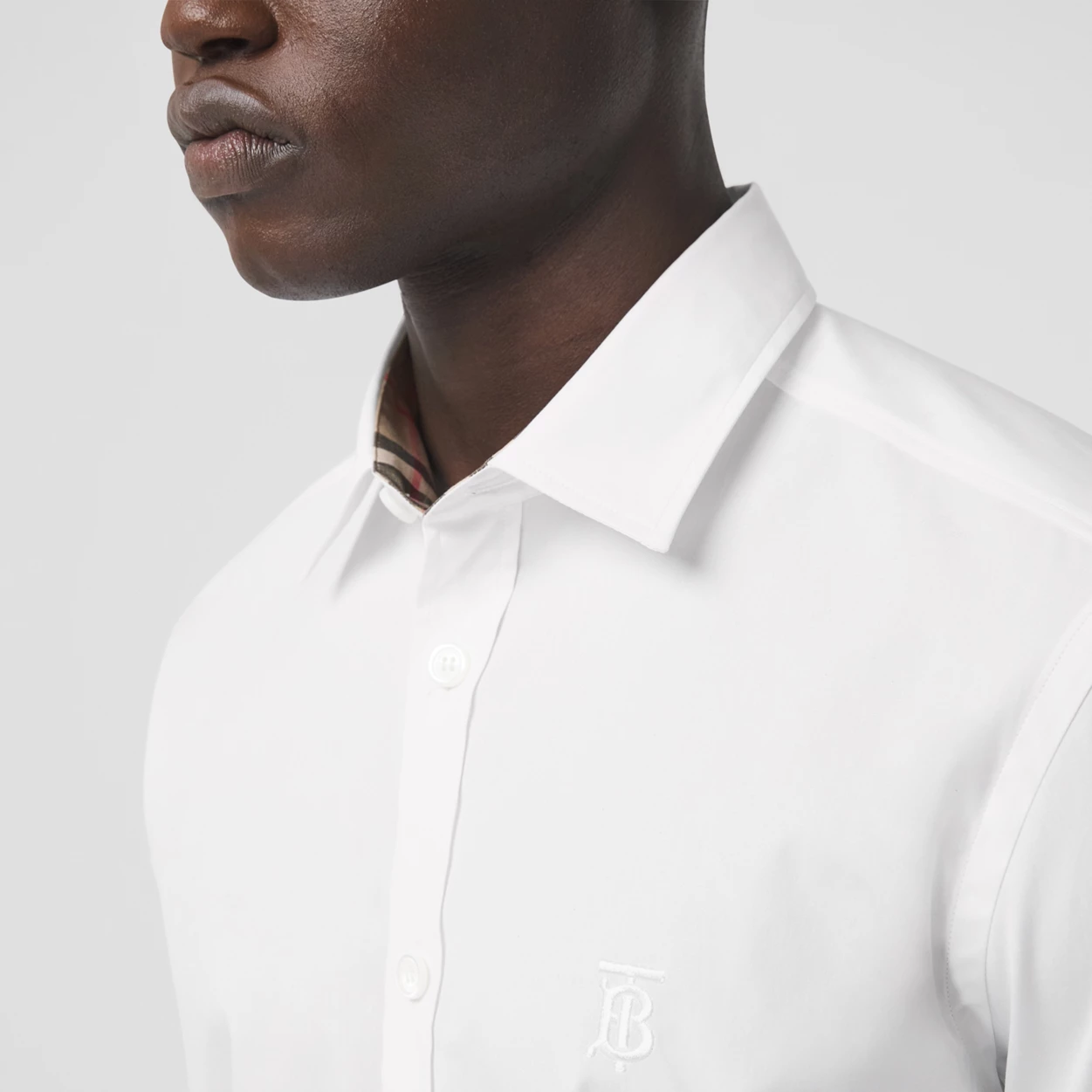 wearing BURBERRY SHORT SLEEVE MONOGRAM MOTIF STRETCH SHIRT IN WHITE 80323131