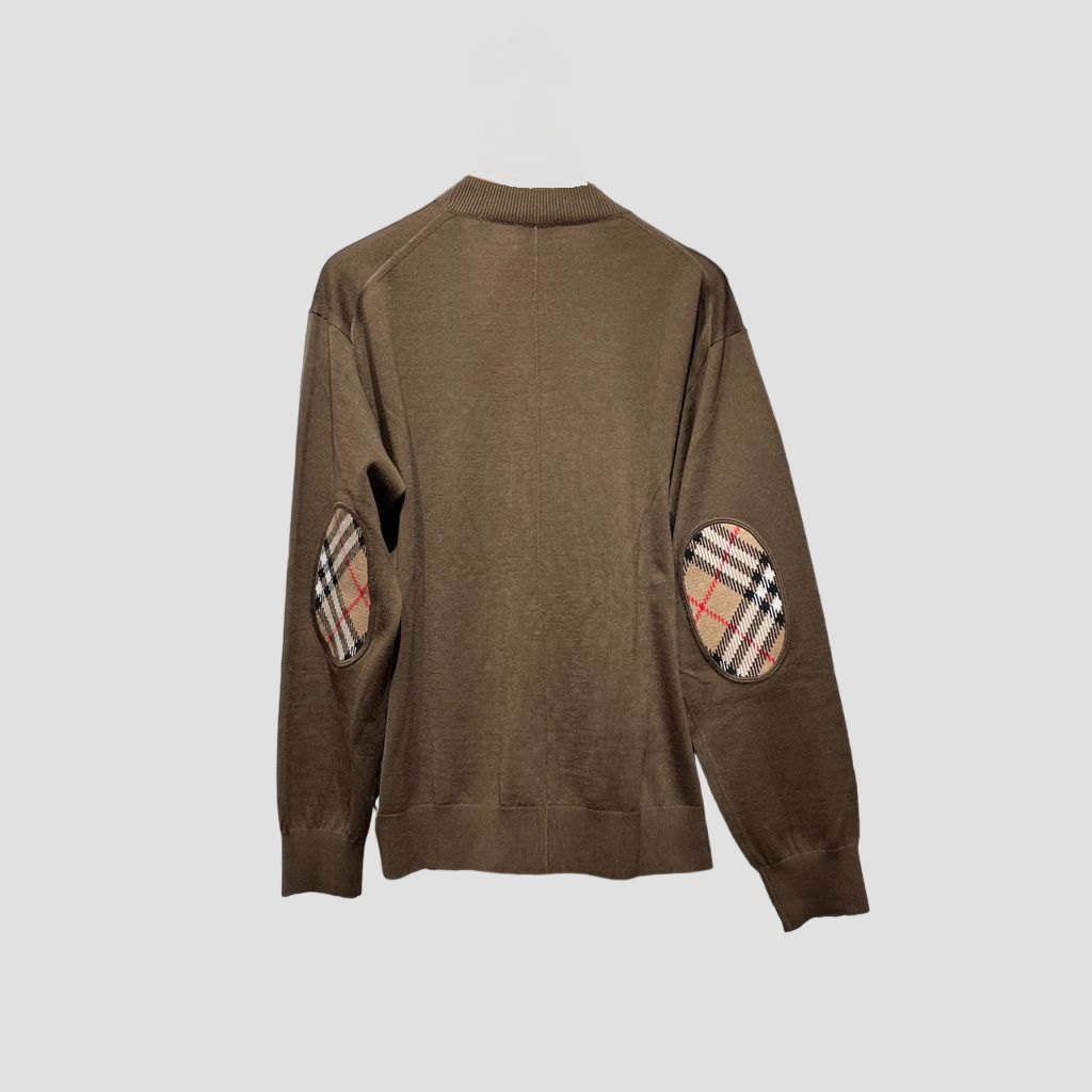 Burberry Vintage Check Elbow Patch Dornoch Merino Wool Cardigan Dark Brown 8074886