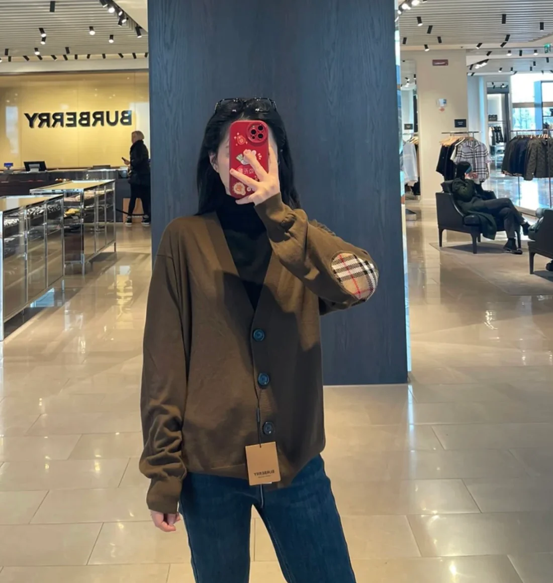 Burberry Vintage Check Elbow Patch Dornoch Merino Wool Cardigan Dark Brown 8074886