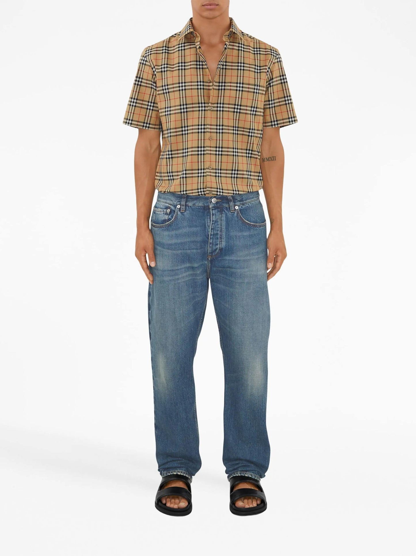 wearing Burberry Check Pattern Short-Sleeved Shirt In Beige 8079589