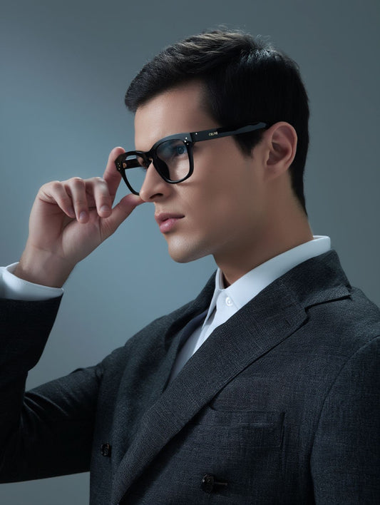 Man wearing a dark suit and Celine CL50118I 001 3 Dots HD Eyeglasses against a gray background