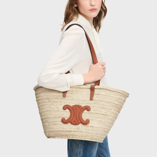 wearing Celine Medium Classic Panier Bag in Tan with Palm and Calfskin 192622CGG.04LU