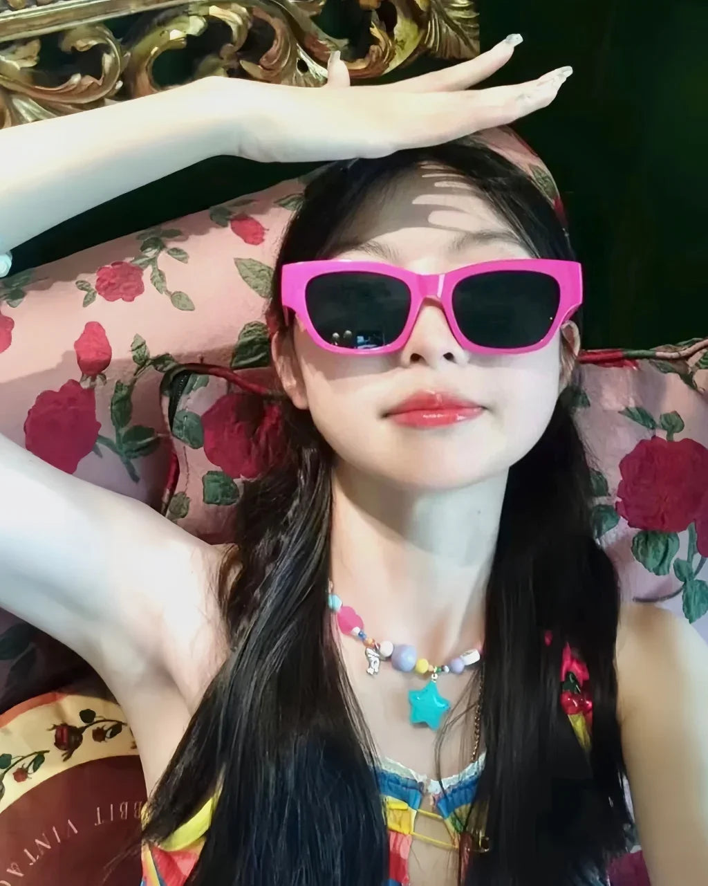 wearing CELINE MONOCHROMS 01 SUNGLASSES IN ACETATE FLASH PINK 4S197CPLB.24LG